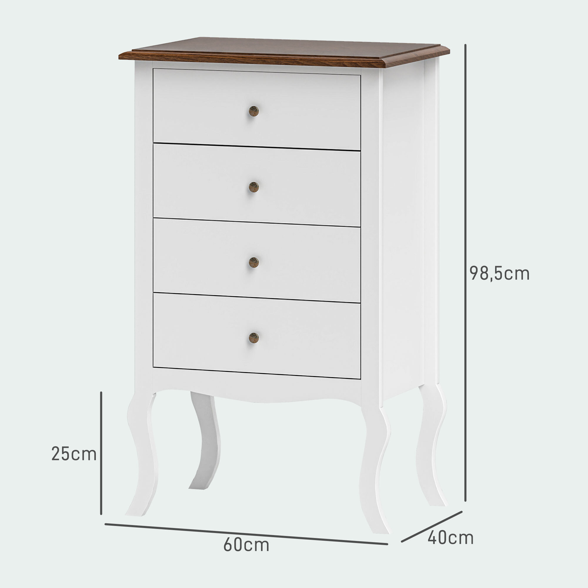 Cómoda con 4 Cajones Cómoda de Dormitorio Estilo Francés con Diseño Anti-vuelco Cajonera para Salón Pasillo 60x40x98,5 cm Blanco y Roble