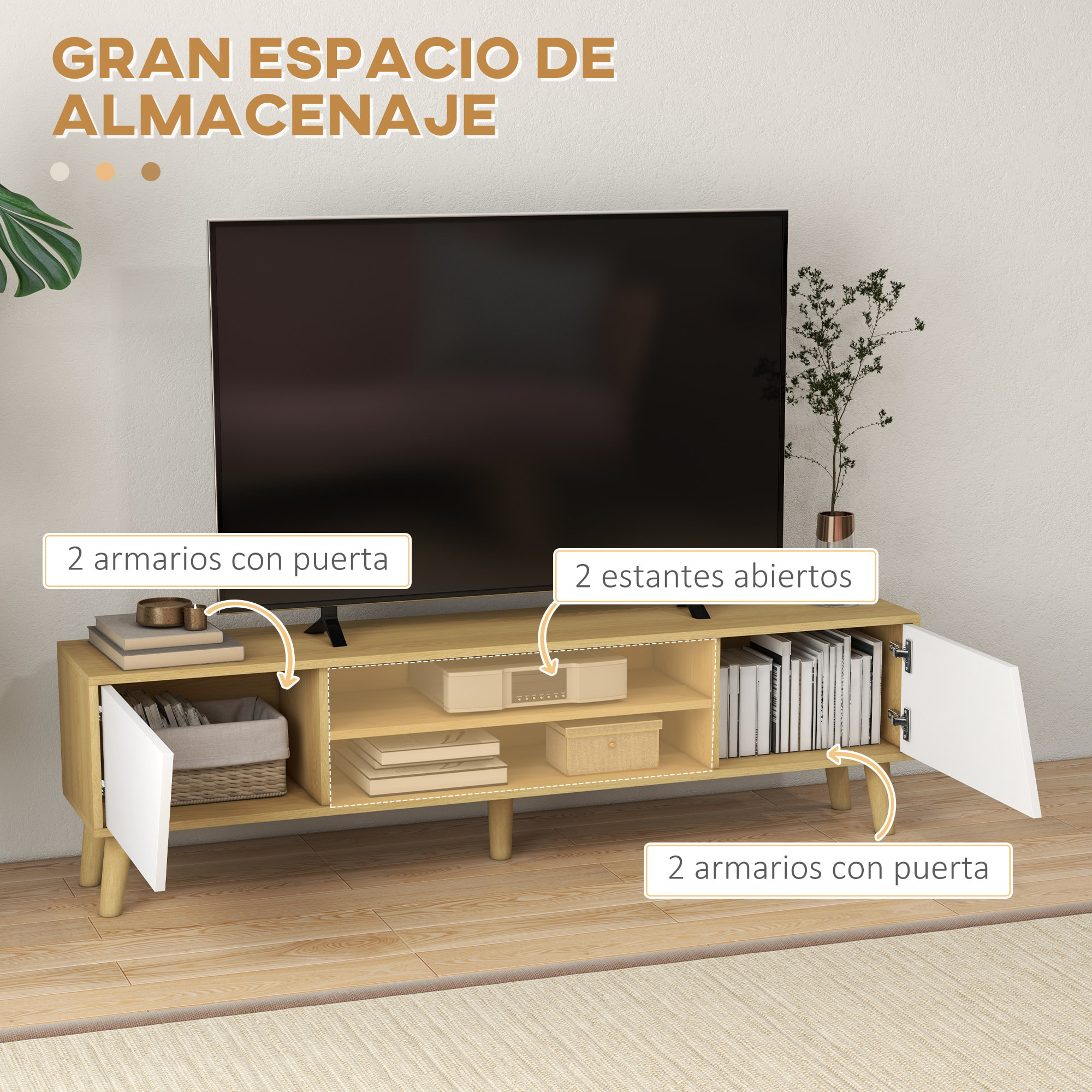 Mueble TV Mueble de Salón Mesa para TV con 2 Puertas 2 Estantes y 5 Patas de Madera de Caucho para Televisores de hasta 65 Pulgadas para Dormitorio 150x30x42 cm Roble