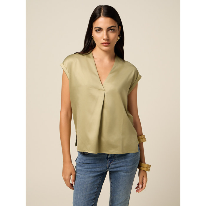 Oltre - T-shirt bimaterica con scollo a V - Verde