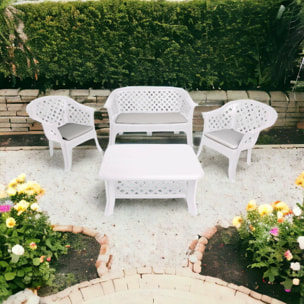 Set salotto da esterno Adone, Composizione da giardino con 2 poltrone, 1 panchina ed 1 tavolino, Salottino indoor ed outdoor, 100% Made in Italy, Bianco