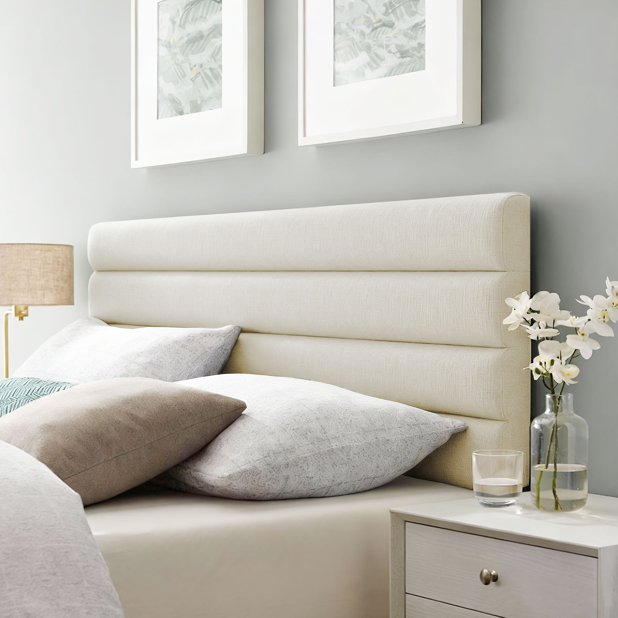 Cabecero de Cama 140 cm, Altura Ajustable 3 Niveles 106/116/126 cm, Cabezal de Cama Tapizado en Lino, Acolchado Linea, con Patas de Acero, Montado a la Pared, Cabecero para Dormitorio, Beige