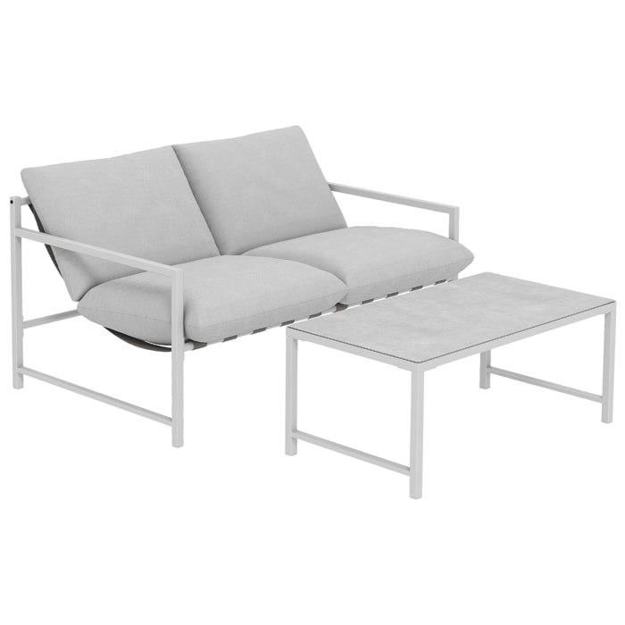 Ensemble canapé jardin épais coussins table basse design gris clair