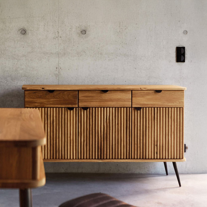 Buffet Bois Hêtre Massif Amalfi, 3 Portes, L.144 x P.46 x H.87 cm, Style Naturel