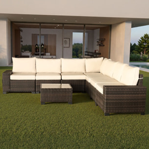 SONIA Salon de jardin d'angle 7 places en résine tressée avec table marron et beige