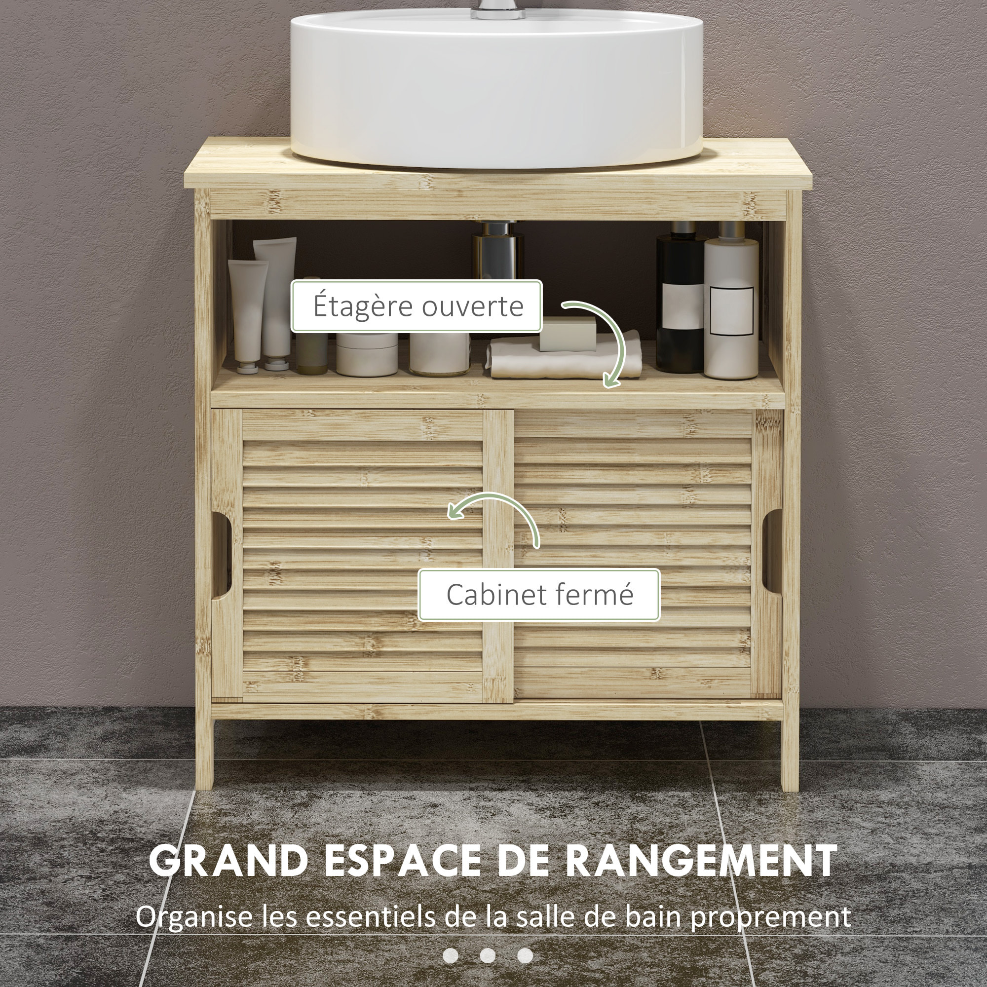 Meuble sous vasque style cosy naturel - 2 portes coulissantes - dim. 60L x 30l x 60H cm - bambou verni