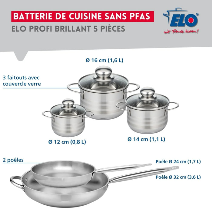 Ensemble de 2 Poêles de cuisson 24 et 32 cm et 3 faitouts 12, 14 et 16 cm Elo Profi Brillant