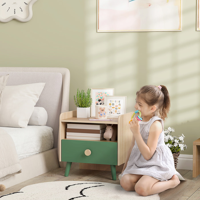 Chevet table de nuit enfant style nordique - tiroir, niche, plateau - aspect bois vert