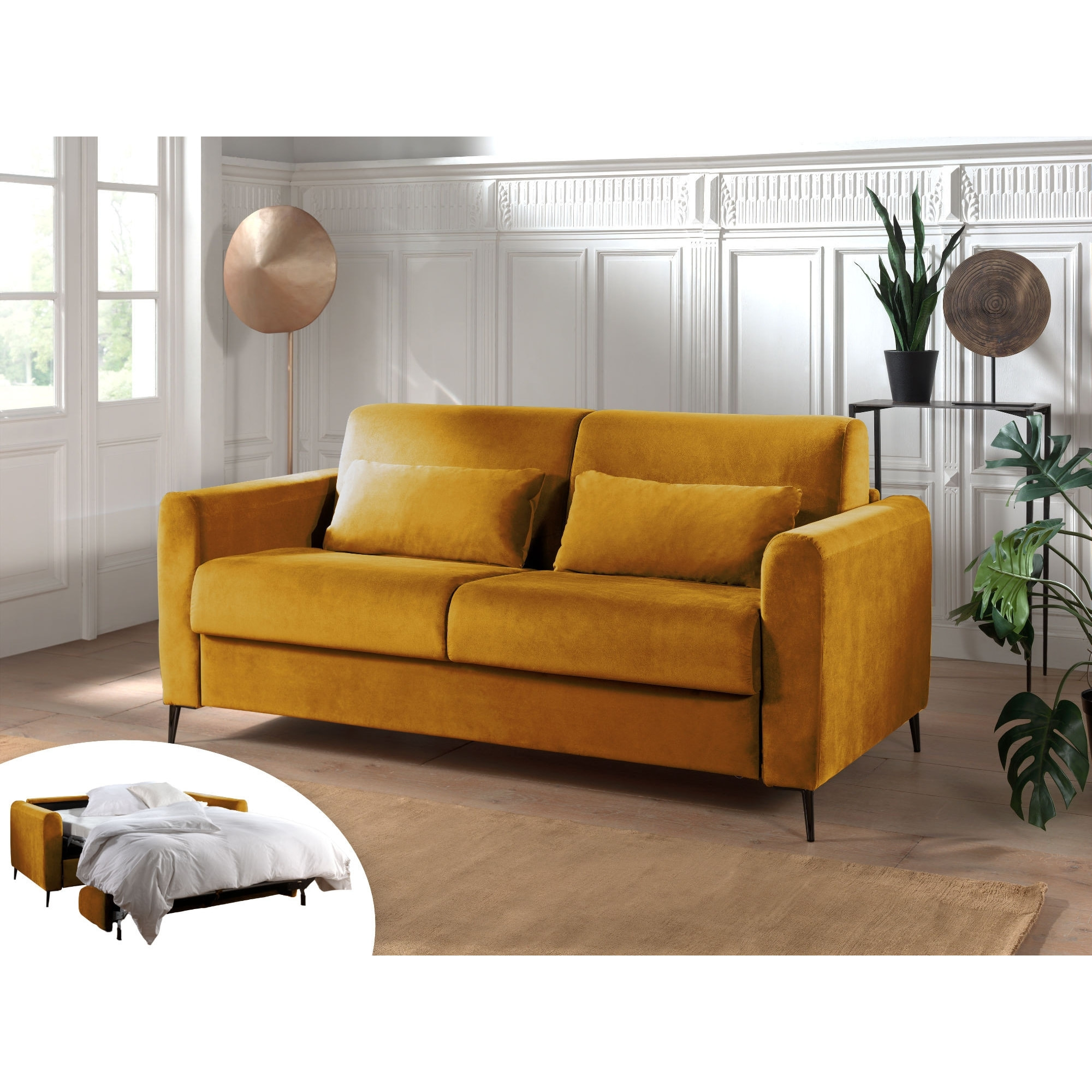 Owen - canapé 3 places convertible - couchage quotidien - matelas 12 cm - en velours - Jaune