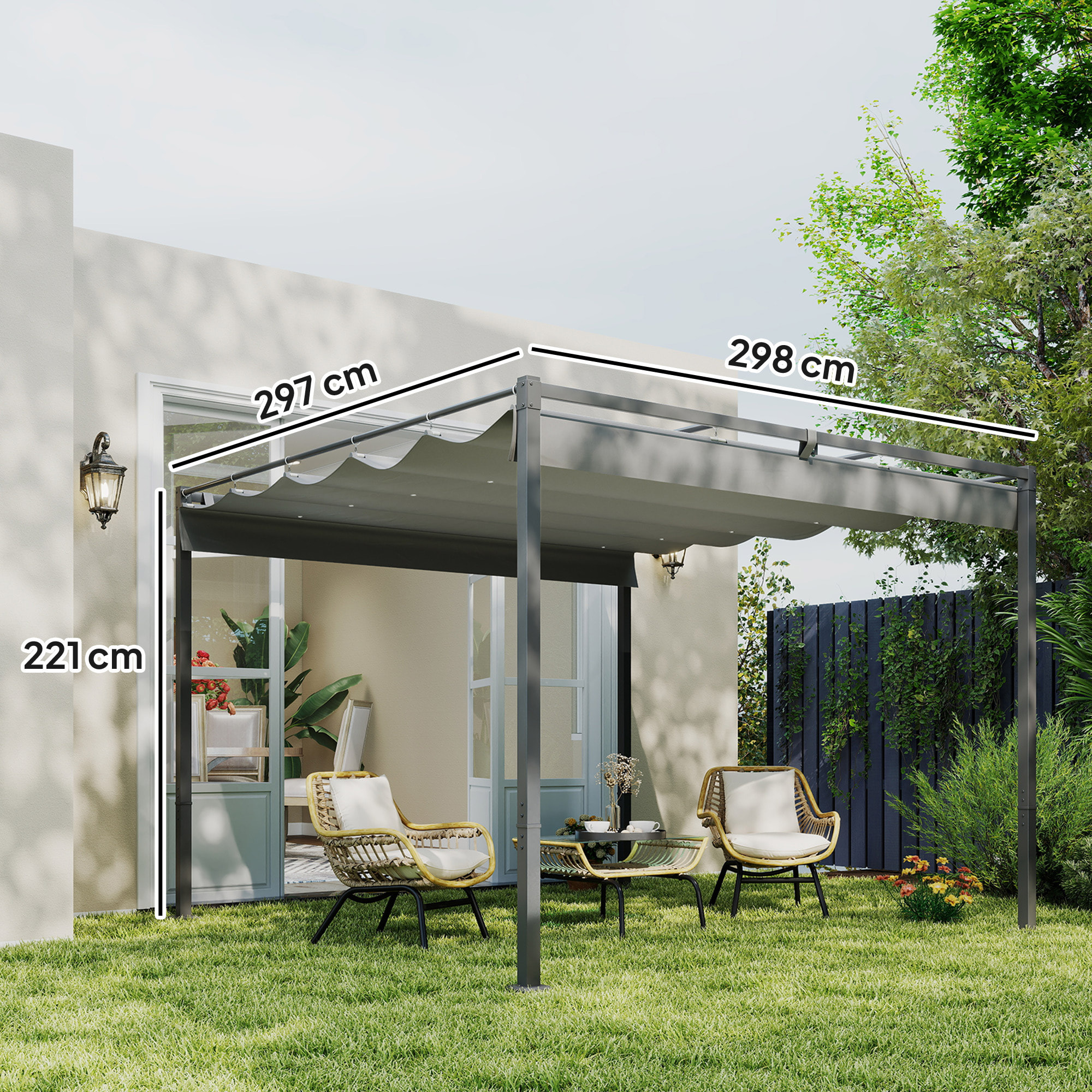 Pergola rétractable 3 x 3 m acier époxy beige polyester haute densité 180 g/m² UPF30+ gris