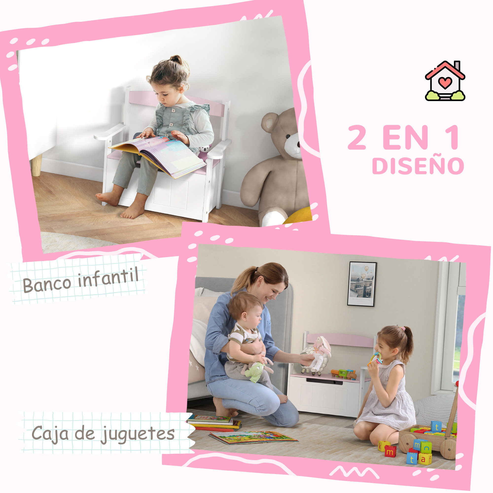 Baúl para Juguetes Infantil, Banco Almacenaje para Niños, con Respaldo y Tapa Amortiguadora, Carga 30 kg, para Salas de Juego, Dormitorio, 68,5x34x58 cm, Rosa y Blanco