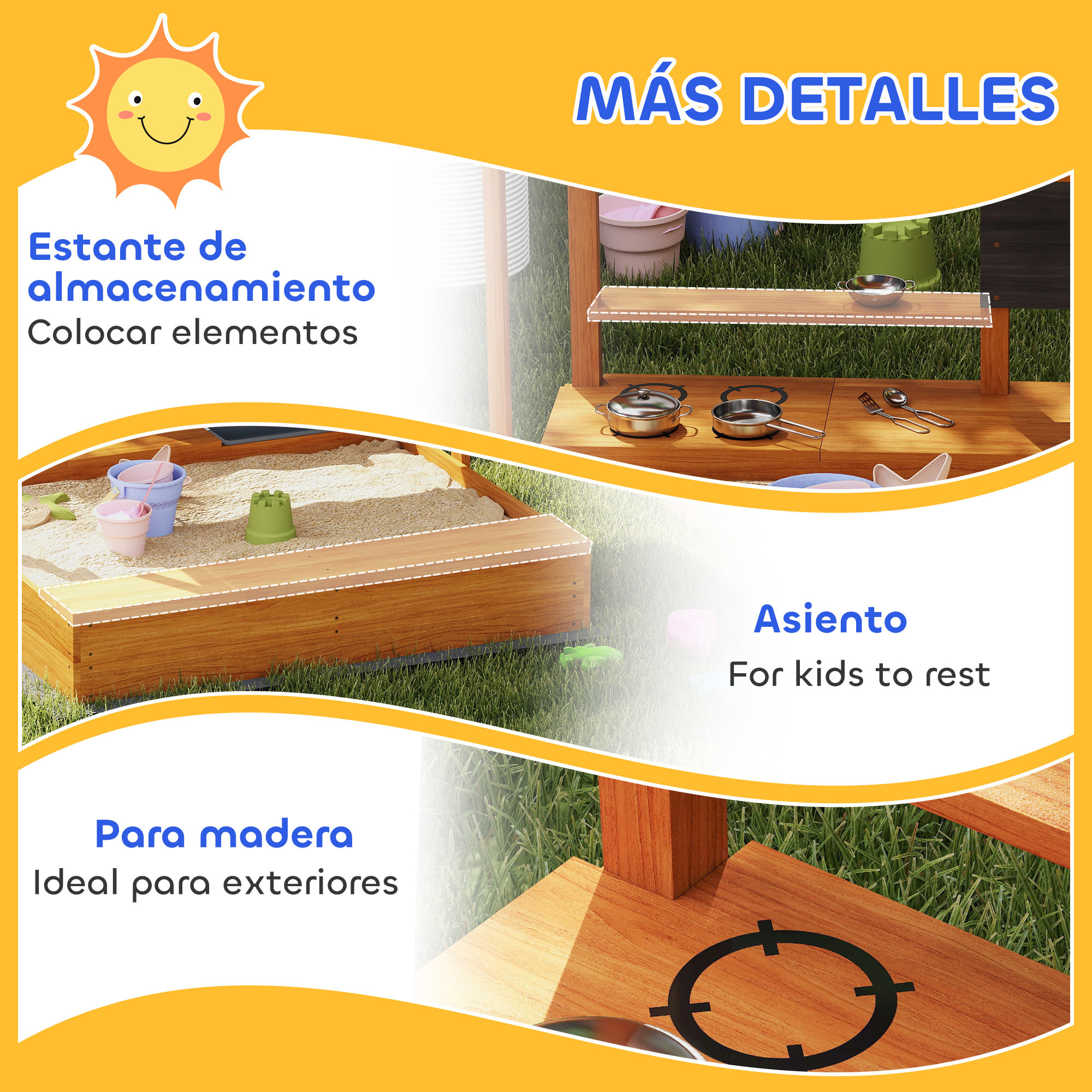 Arenero para Niños de Madera con Techo Ajustable, Arenero Infantil con Juguetes de Cocina, Estante y 2 Asientos, Juego para Niños de 3-7 Años, para Patio, Jardín, 114x110x110 cm, Marrón