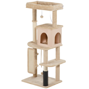 Arbre à chat design beige H.132cm bande massante griffoirs grattoirs nombreux jouets