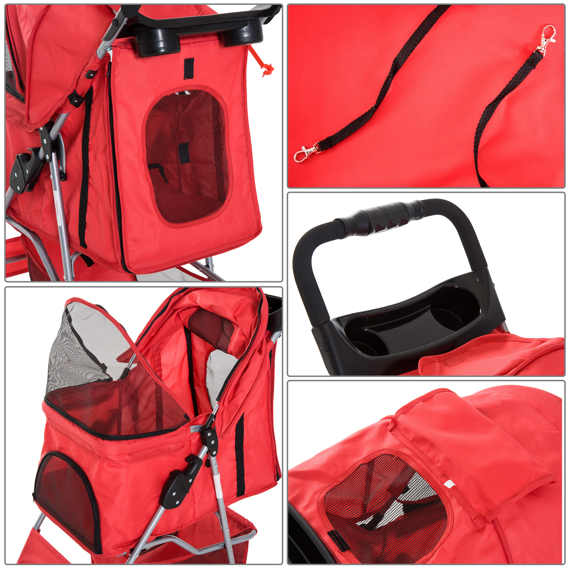 Poussette buggy pour chiens 75L x 46l x 94H cm pliable imperméable tissu 600D Oxford 4 roues rouge