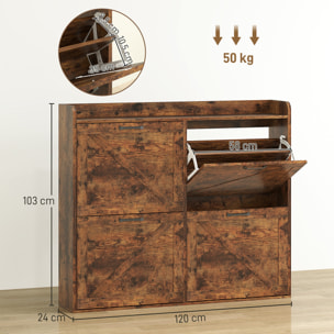 Mueble Zapatero de 4 Puertas Zapatero Estrecho con Estantes Ajustables Estilo Industrial para 24 Pares de Zapatos Mueble Auxiliar para Recibidor Entrada 120x24x103 cm Marrón Rústico