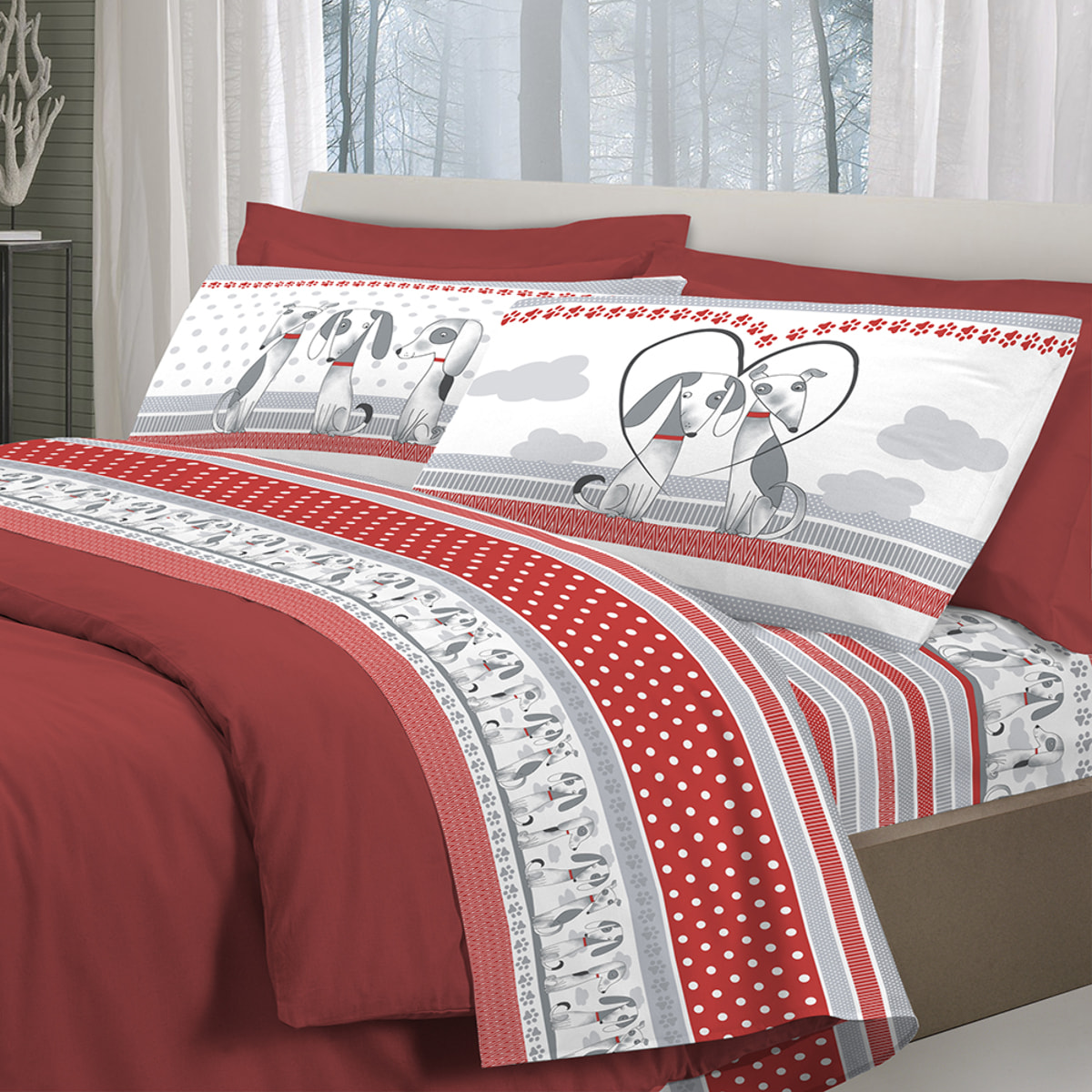 Completo letto baubau rosso 100% cotone