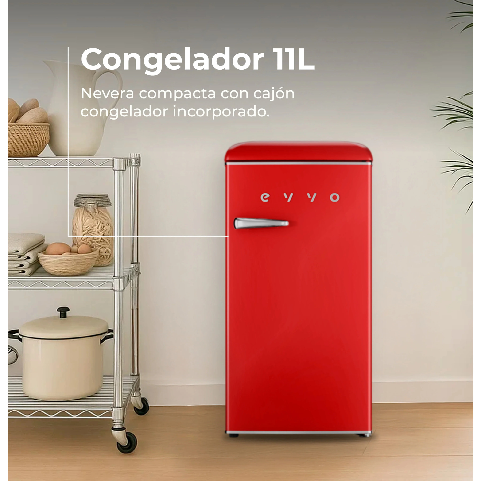 EVVO Frigorífico Mini F26 Retro Rojo, 95 litros, diseño vintage, bajo consumo, silencioso