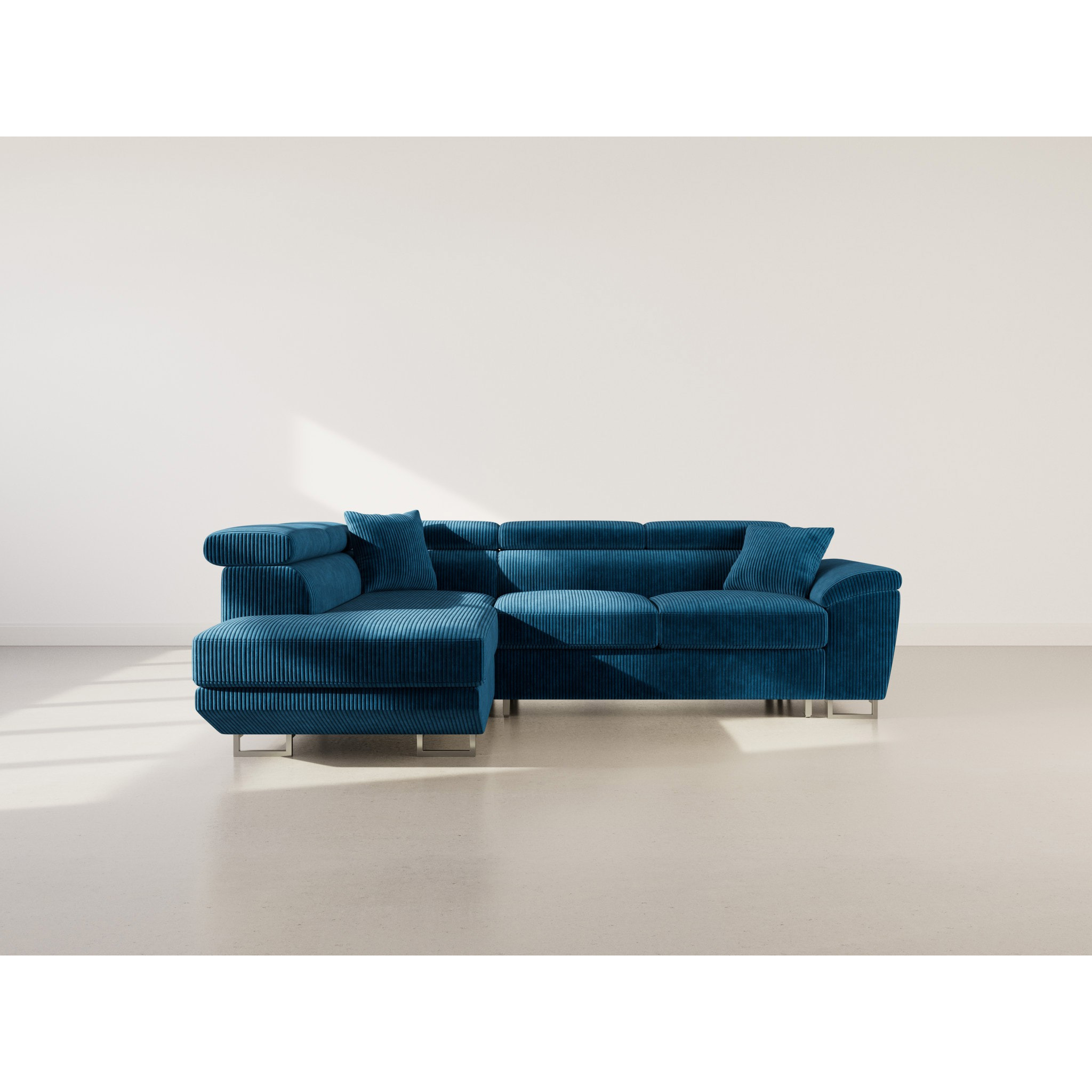 Baoji - Canapé d'angle gauche 5 places convertible avec têtières et coffre en velours côtelé - Bleu