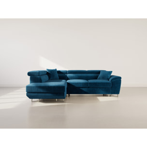 Baoji - Canapé d'angle gauche 5 places convertible avec têtières et coffre en velours côtelé - Bleu