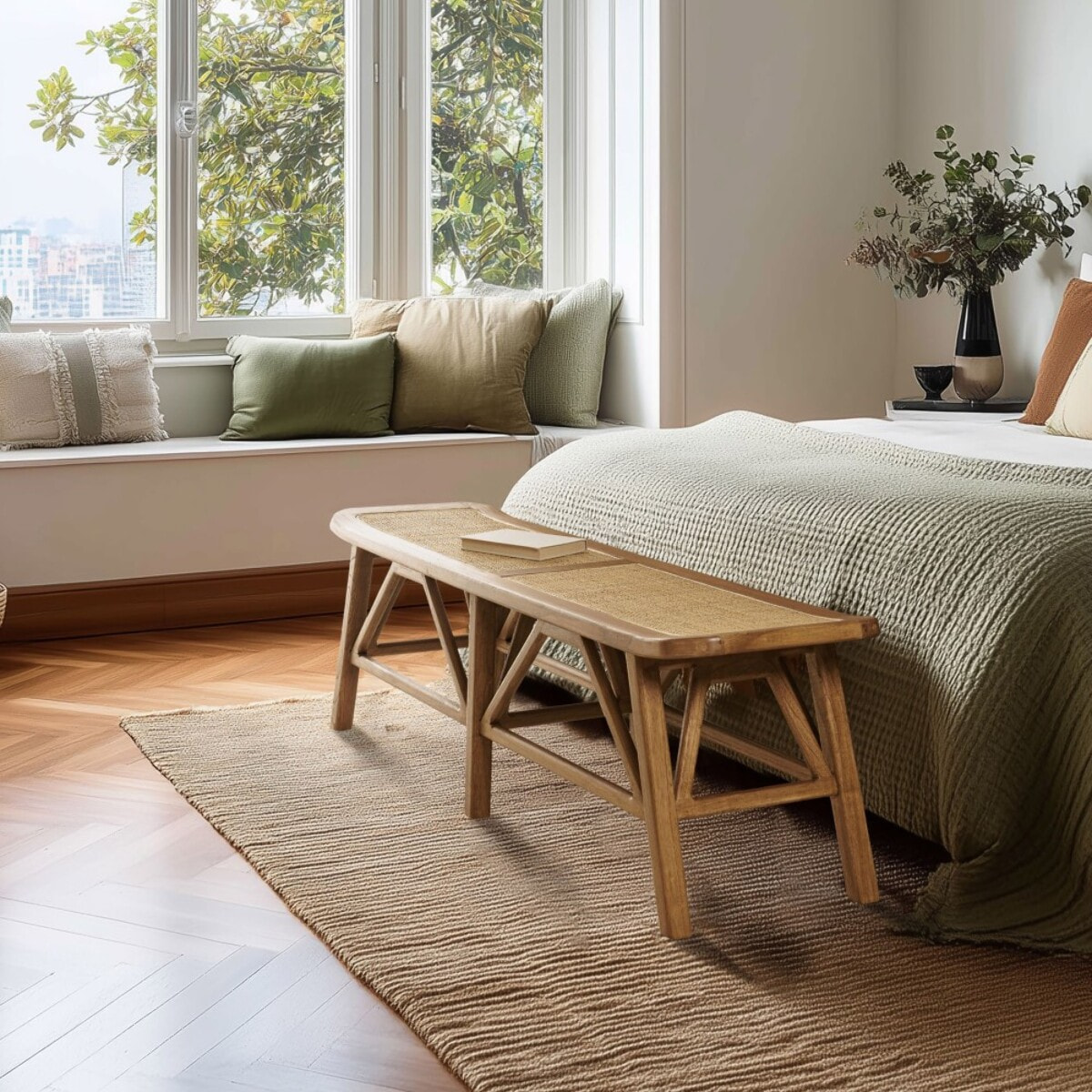 AMY - Banc 2 places en bois de mindi et rotin naturel AMY