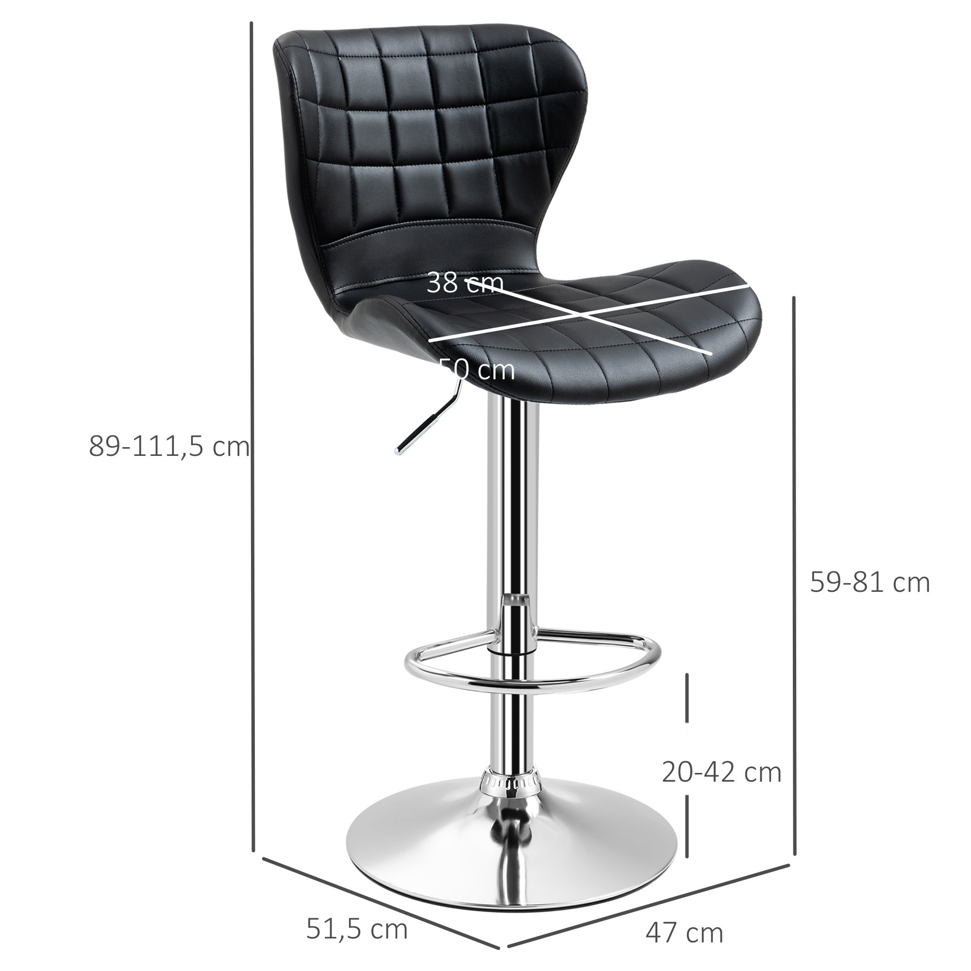 Lot de 2 tabourets de bar design contemporain hauteur d'assise réglable 59-81 cm pivotant 360° PU noir