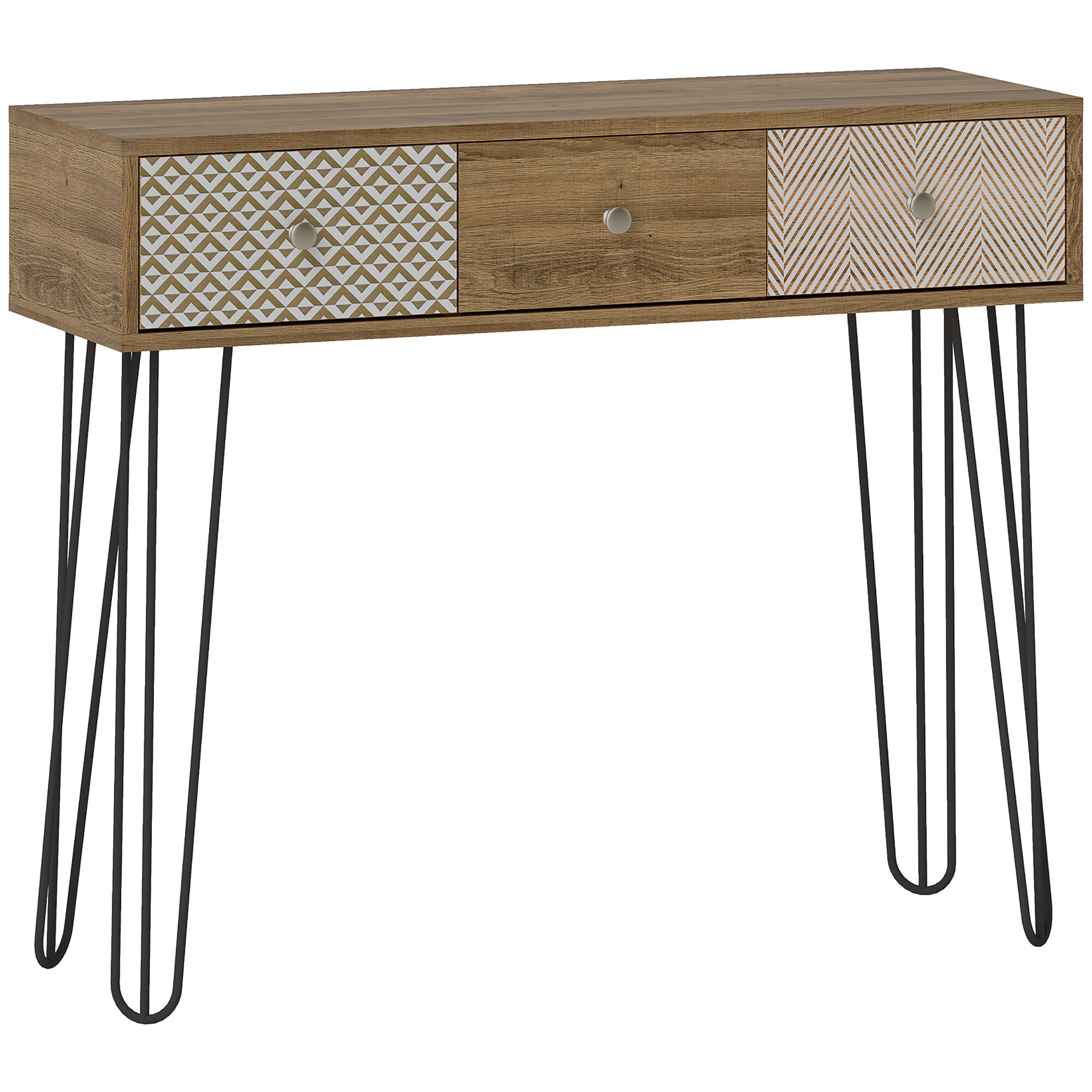 Console style néo-rétro 3 tiroirs graphiques piètement épingle acier noir effet bois