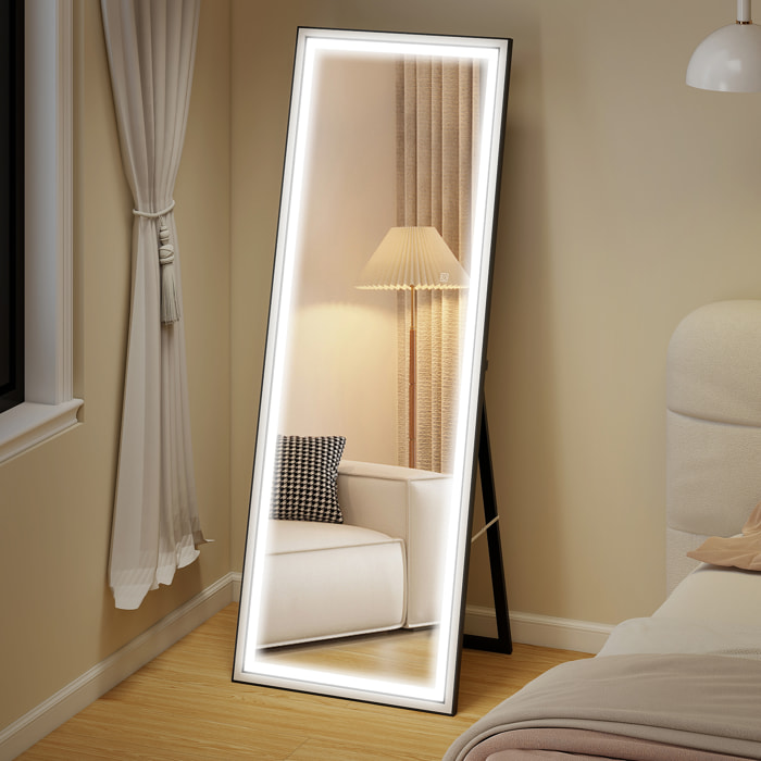 Espejo de Pie Cuerpo Entero con Luces, 165x60 cm, Espejo de Cuerpo Entero, 3 Temperaturas de Color, Brillo Ajustable, Independiente, Apoyado y de Pared, para Dormitorio, Salón, Blanco y Negro