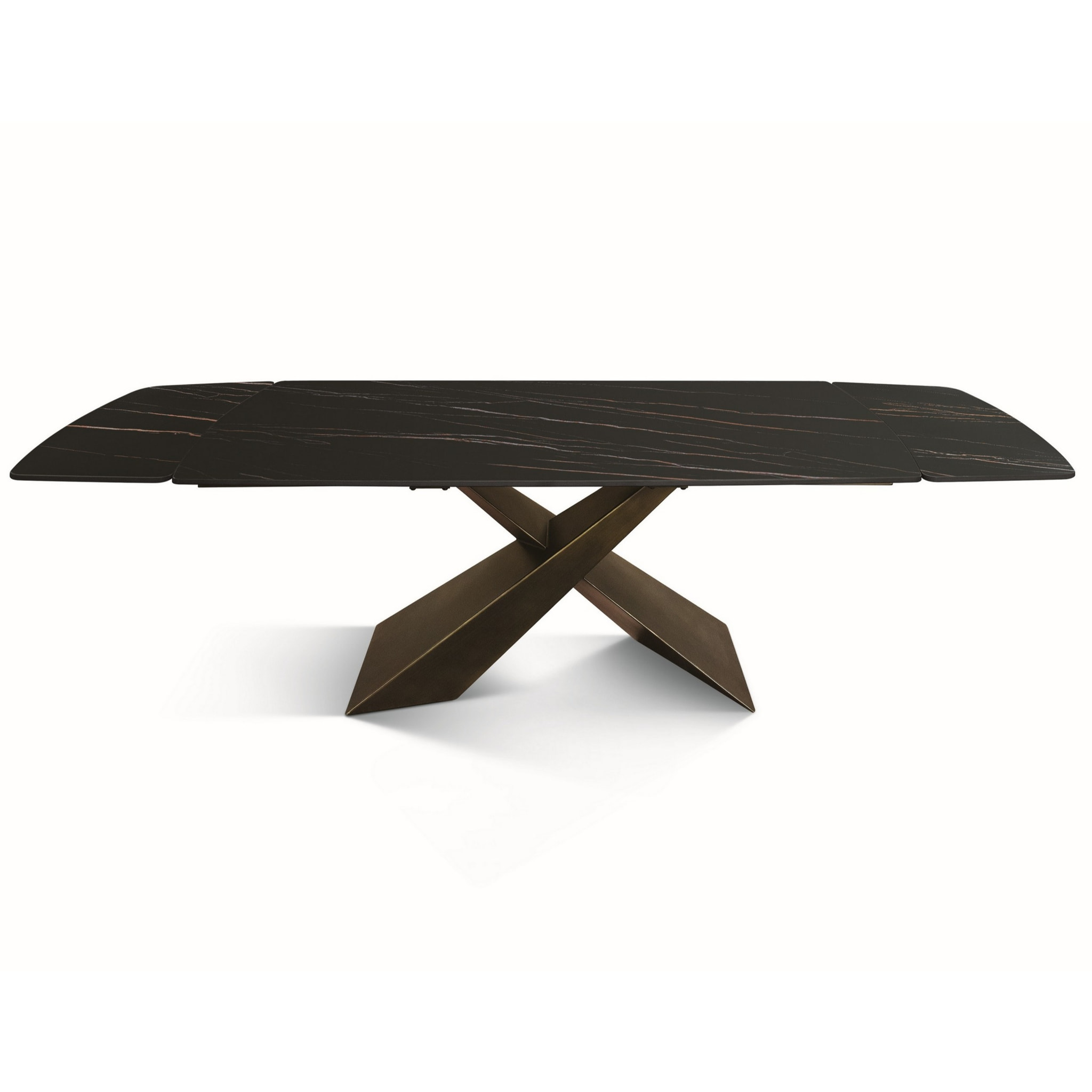 Tavolo FIGARI in vetroceramica matt golden nero con gambe a X in metallo bronzo, allungabile 160x90 cm - 240x90 cm