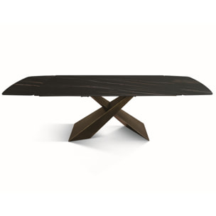 Tavolo FIGARI in vetroceramica matt golden nero con gambe a X in metallo bronzo, allungabile 160x90 cm - 240x90 cm