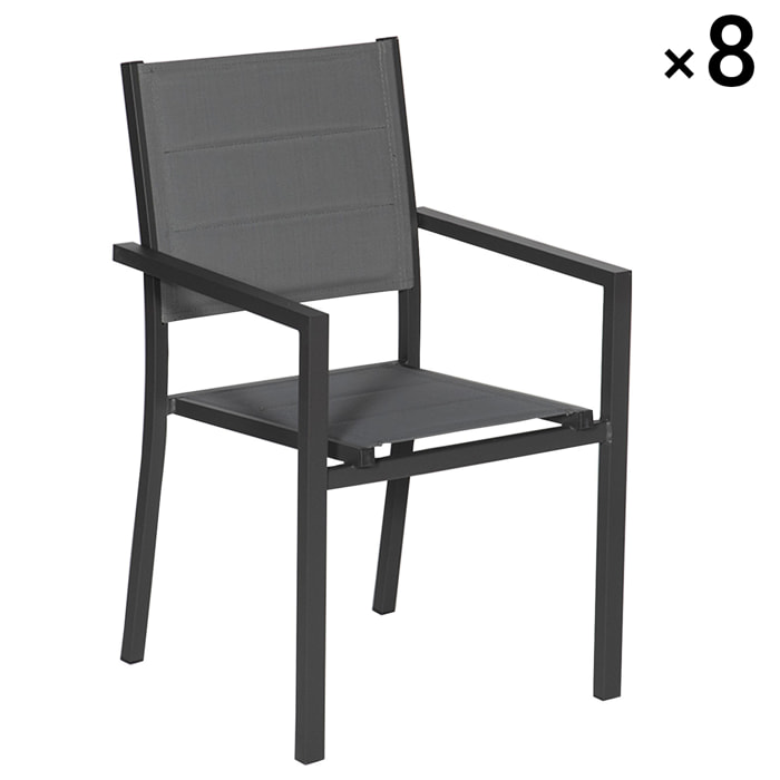 Lot de 8 chaises rembourrées en aluminium anthracite - textilène gris