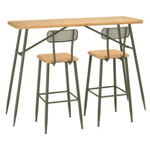 HELENA - Ensemble 1 bar + 2 tabourets en bois de pin et métal vert