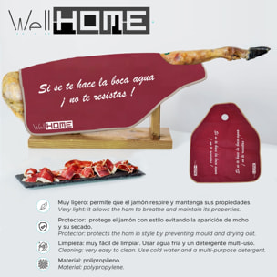 Well home jamonero de madera con herraje en v + set de cuchillo jamonero (25cm) y chaira (21cm) + funda para jamón 'tiberic'