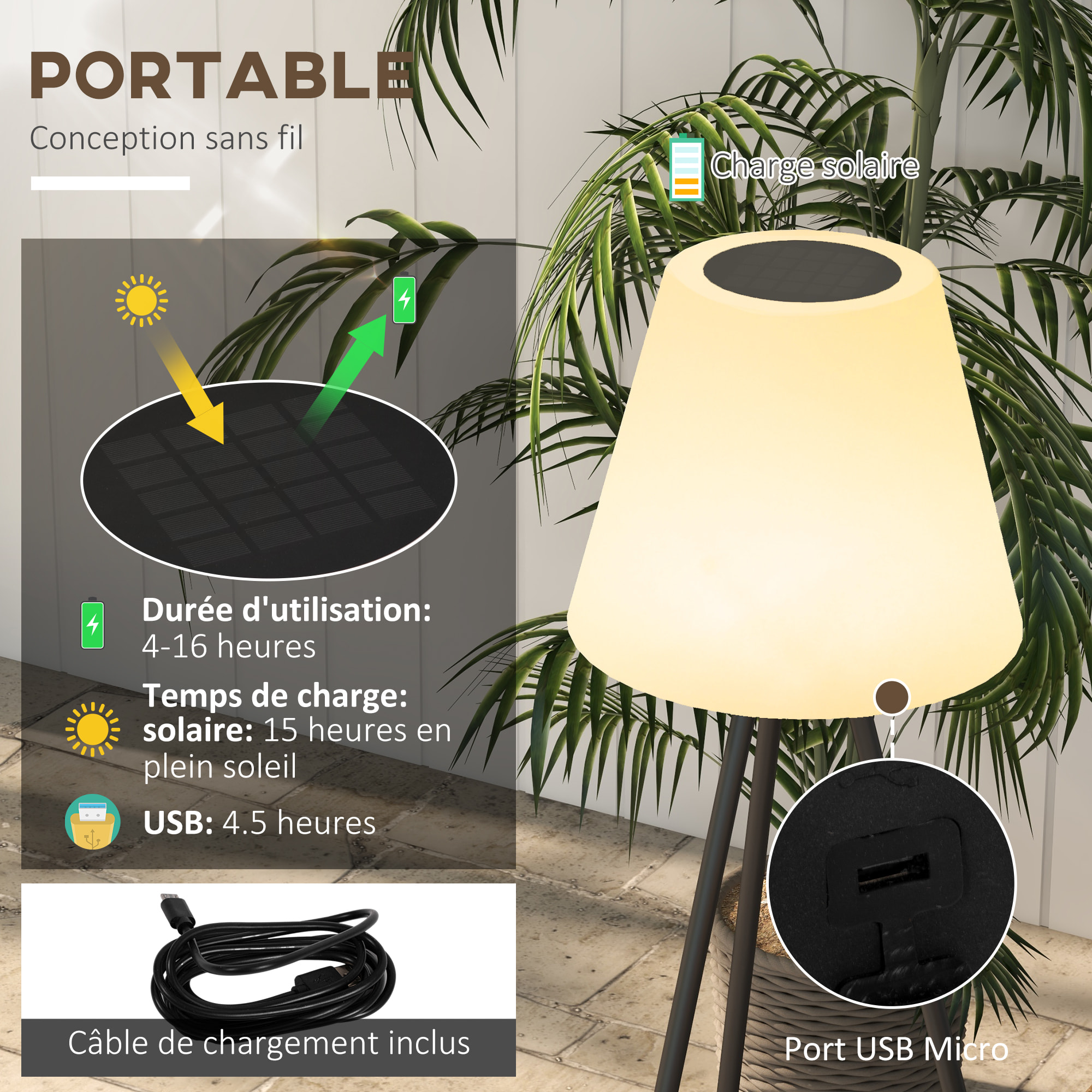 Lampadaire extérieur solaire LED trepied sans fil rechargeable USB réglable alu noir PE blanc