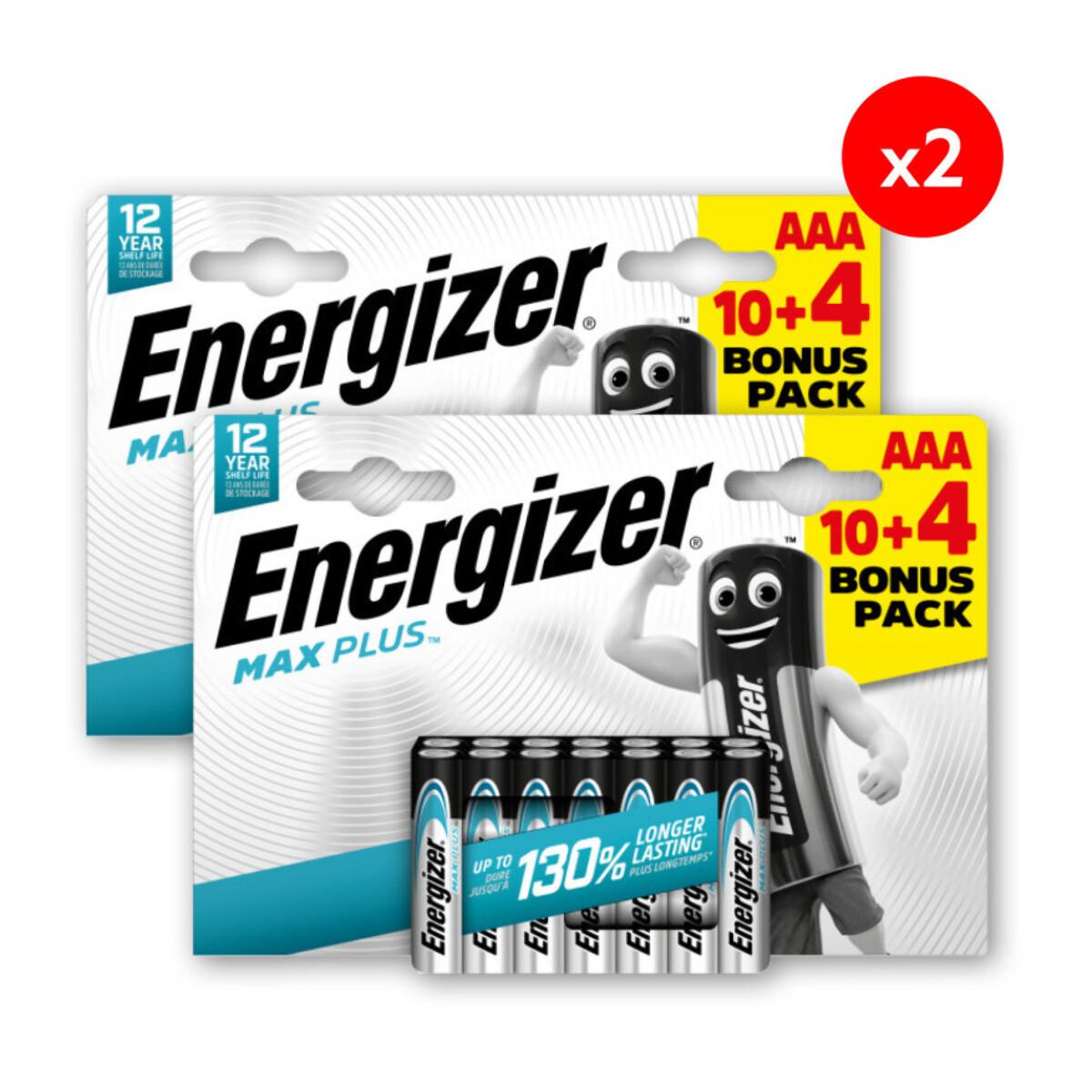 Pack de 2 - Energizer Max Plus Alcaline AAA/LR03, pack de 10+4 Piles