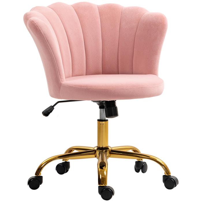 Chaise bureau velours design coquillage piètement acier doré rose poudré