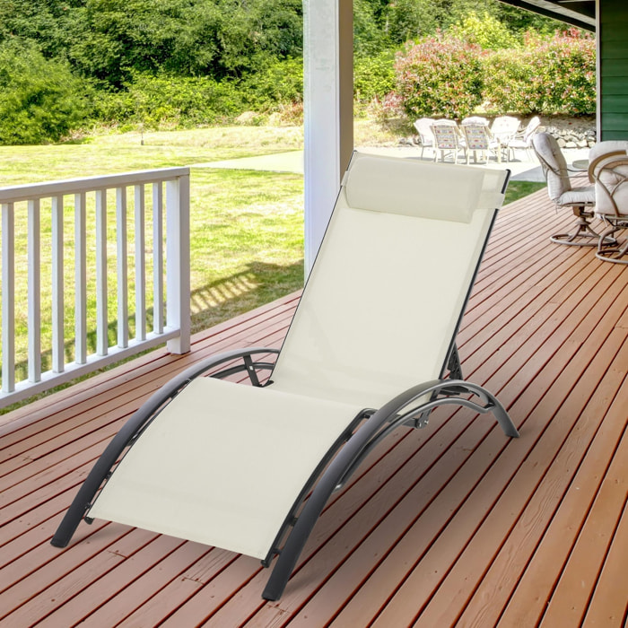 Bain de soleil transat design contemporain inclinable multi-positions tétière amovible incluse alu textilène beige