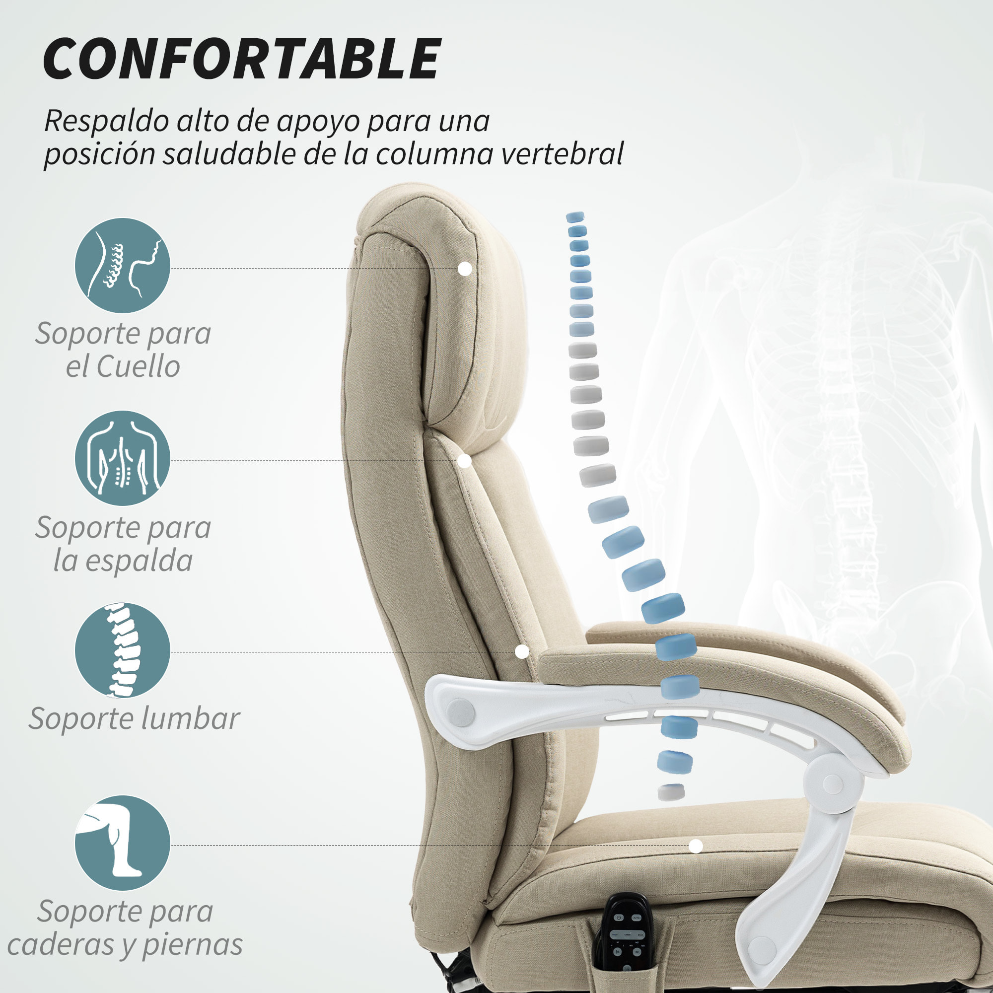 Silla de Oficina con Masaje de 6 Puntos Reclinable Silla de Escritorio Giratoria con Función de Calefacción Altura Ajustable Reposapiés Respaldo Alto y Mando a Distancia para Estudio Beige