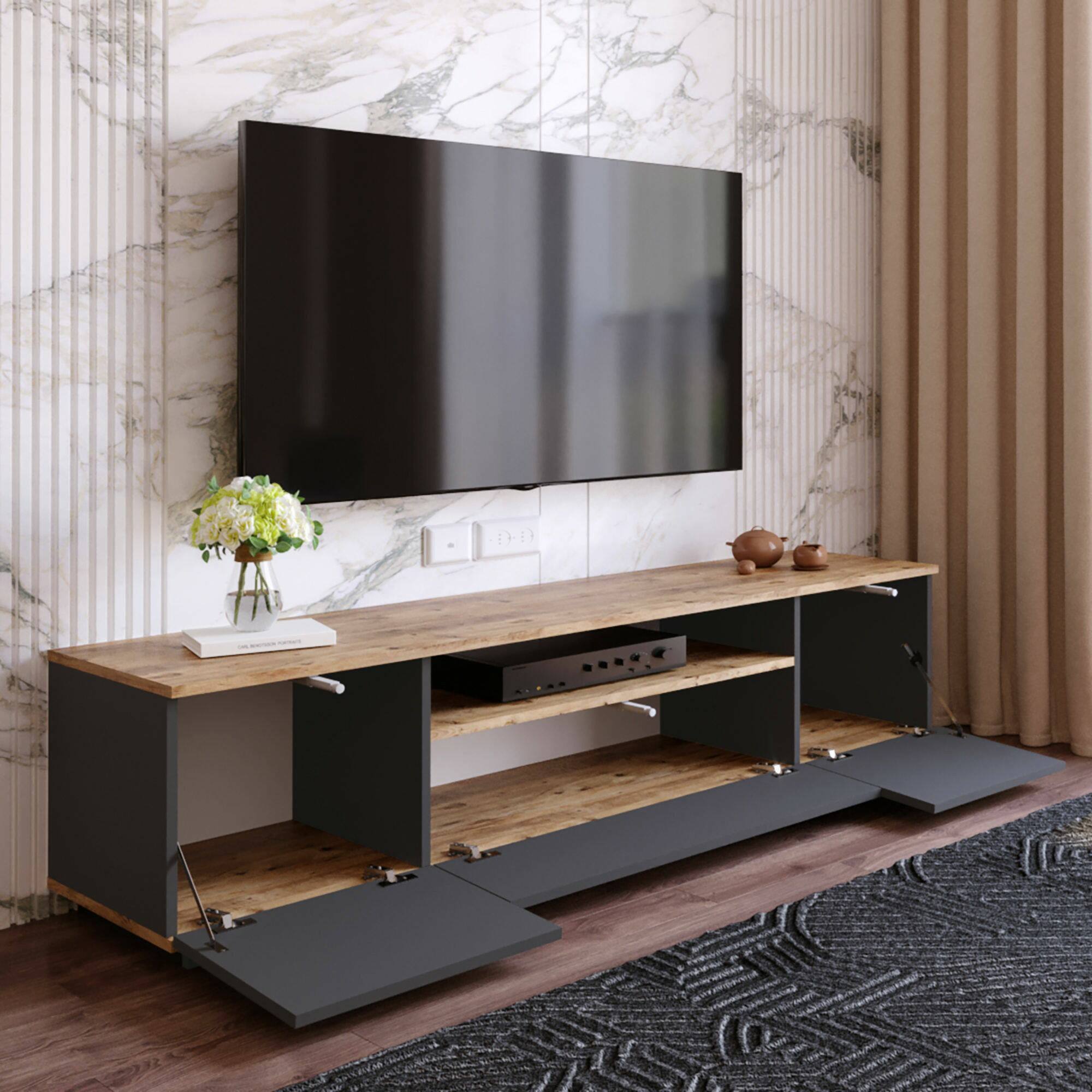 Mobile porta TV Dpierott, Credenza da soggiorno, Armadio basso per TV, Base parete attrezzata, 180x45h45 cm, Quercia e Antracite