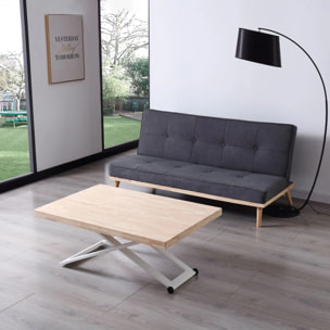 Mesa de centro elevable con patas metálicas y ruedas en blanco y roble 120x49-76 cm Lada Blanco - Roble