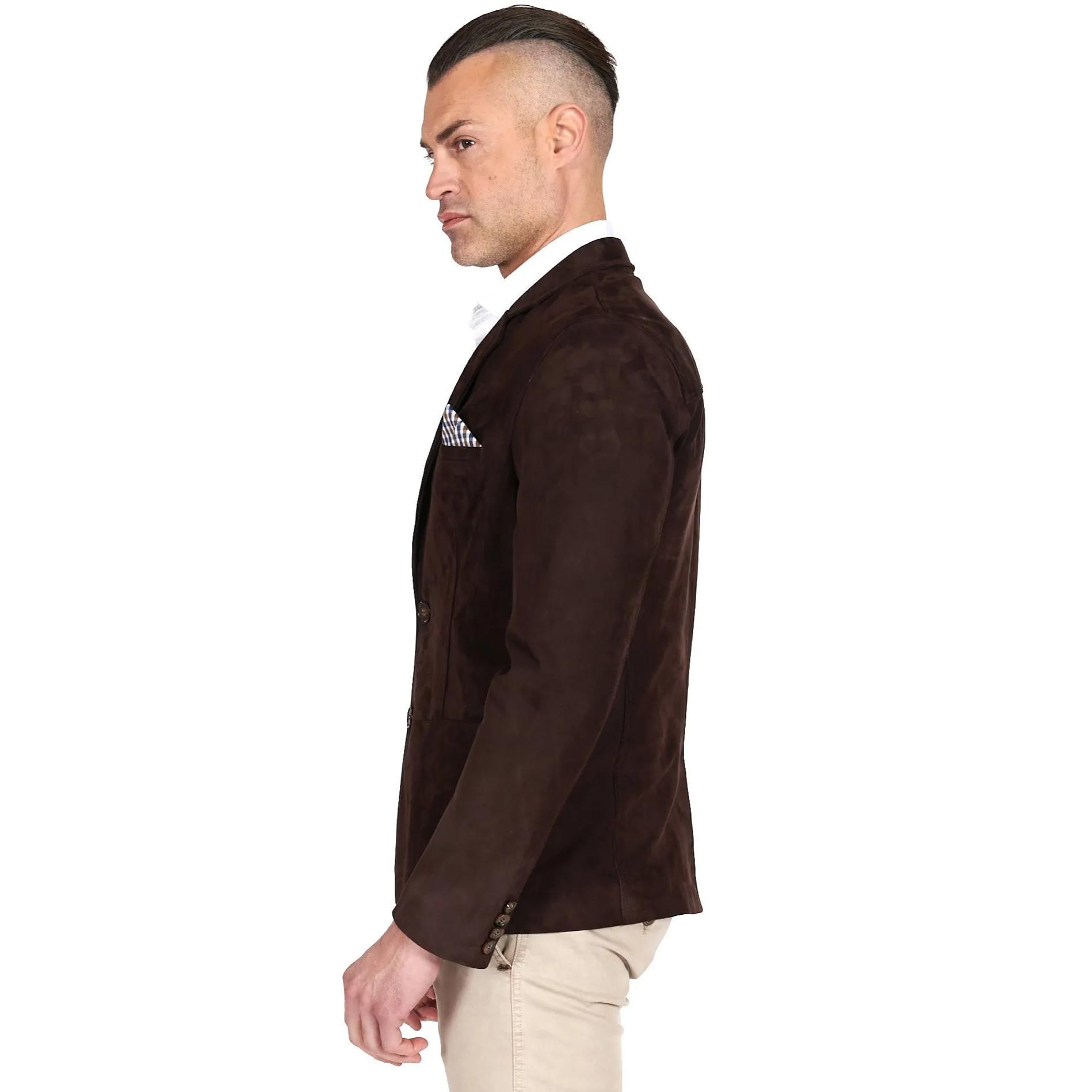 Blazer in pelle scamosciata color marrone con taschino e fazzoletto