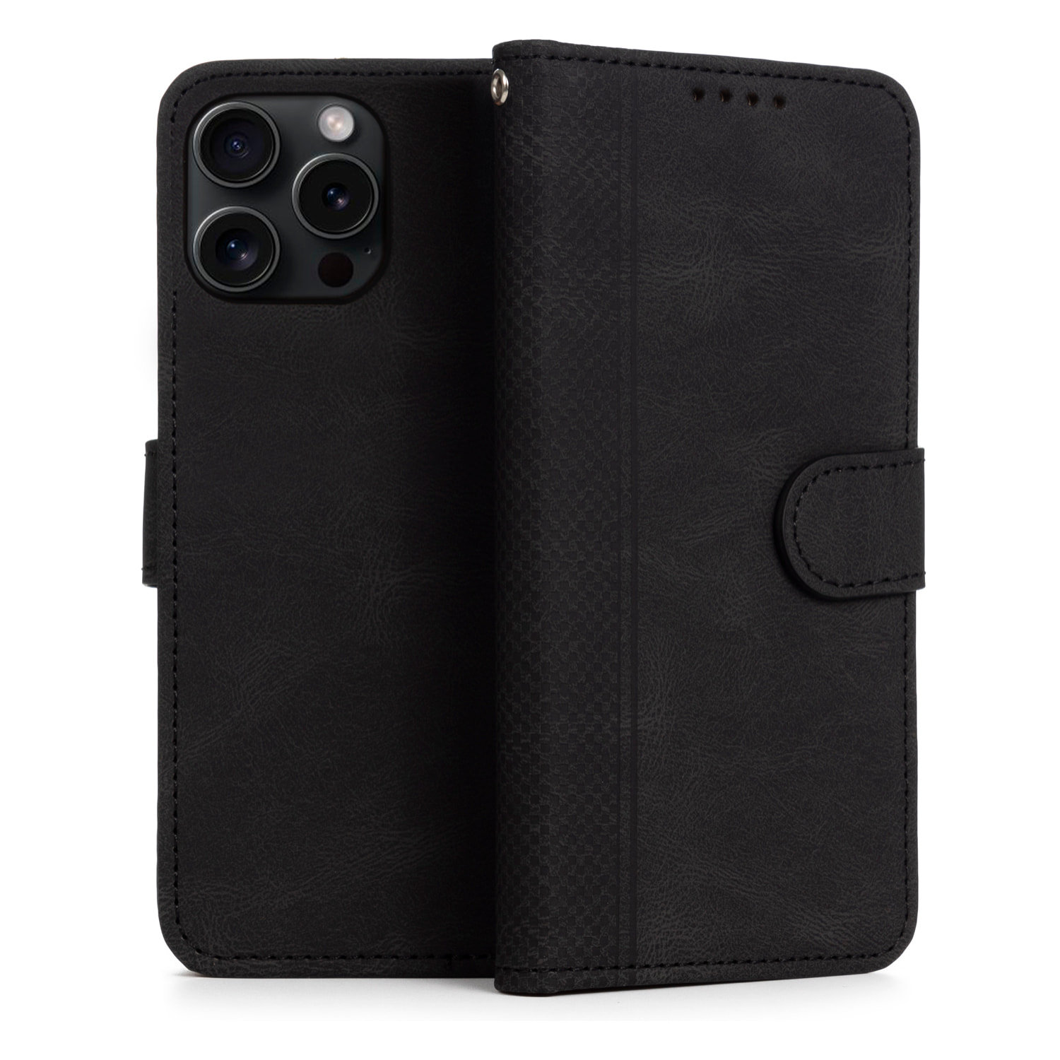 Custodia in pelle antiurto a libro per iPhone 13 Pro Max. Portacarte interno, cinturino da polso removibile.