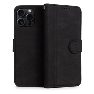 Custodia in pelle antiurto a libro per iPhone 13 Pro Max. Portacarte interno, cinturino da polso removibile.