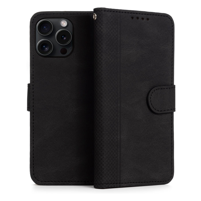 Custodia in pelle antiurto a libro per iPhone 13 Pro Max. Portacarte interno, cinturino da polso removibile.