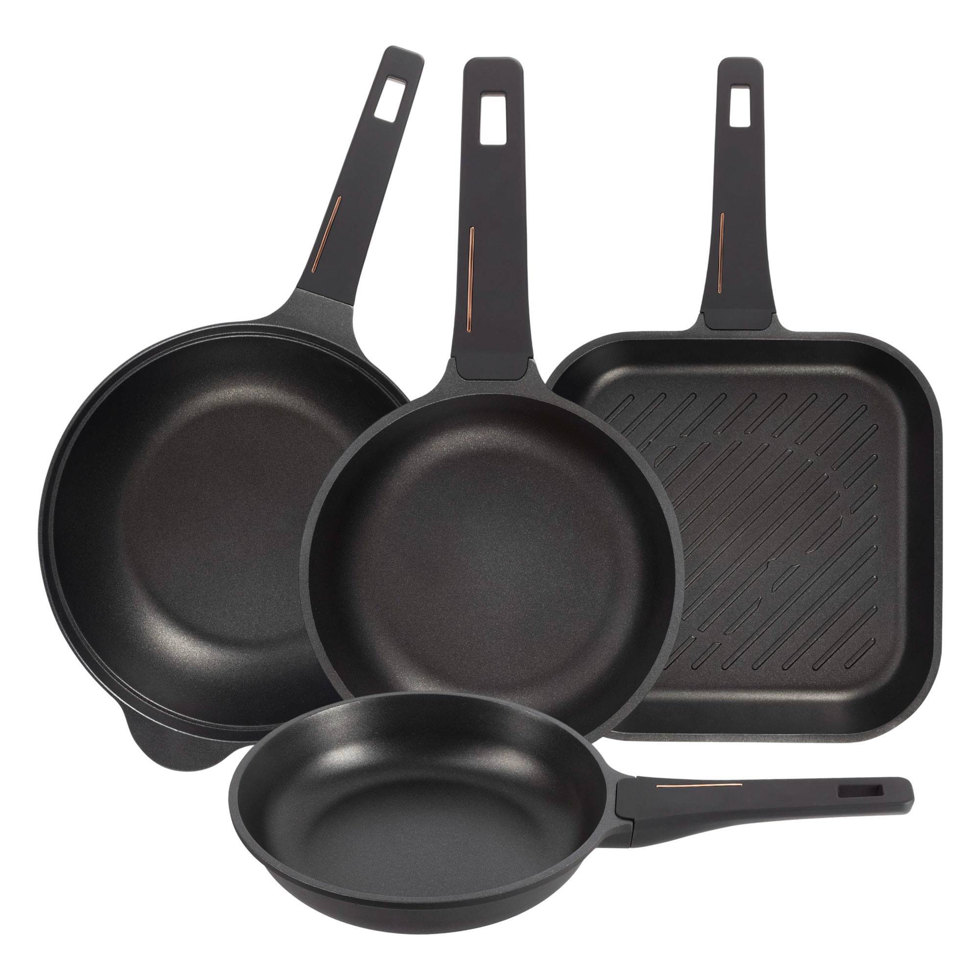 Juego de 2 Sartenes Ø24Ø28cm + Sartén Grill 28x28cm + Wok Ø30cm en aluminio fundido color Negro Copper Bergner