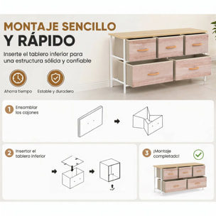 Cómoda con 5 Cajones de Tela, Cómoda para Dormitorio, Marco de Metal, Cajonera para Salón, Oficina, Vestidor, Natural y Blanco