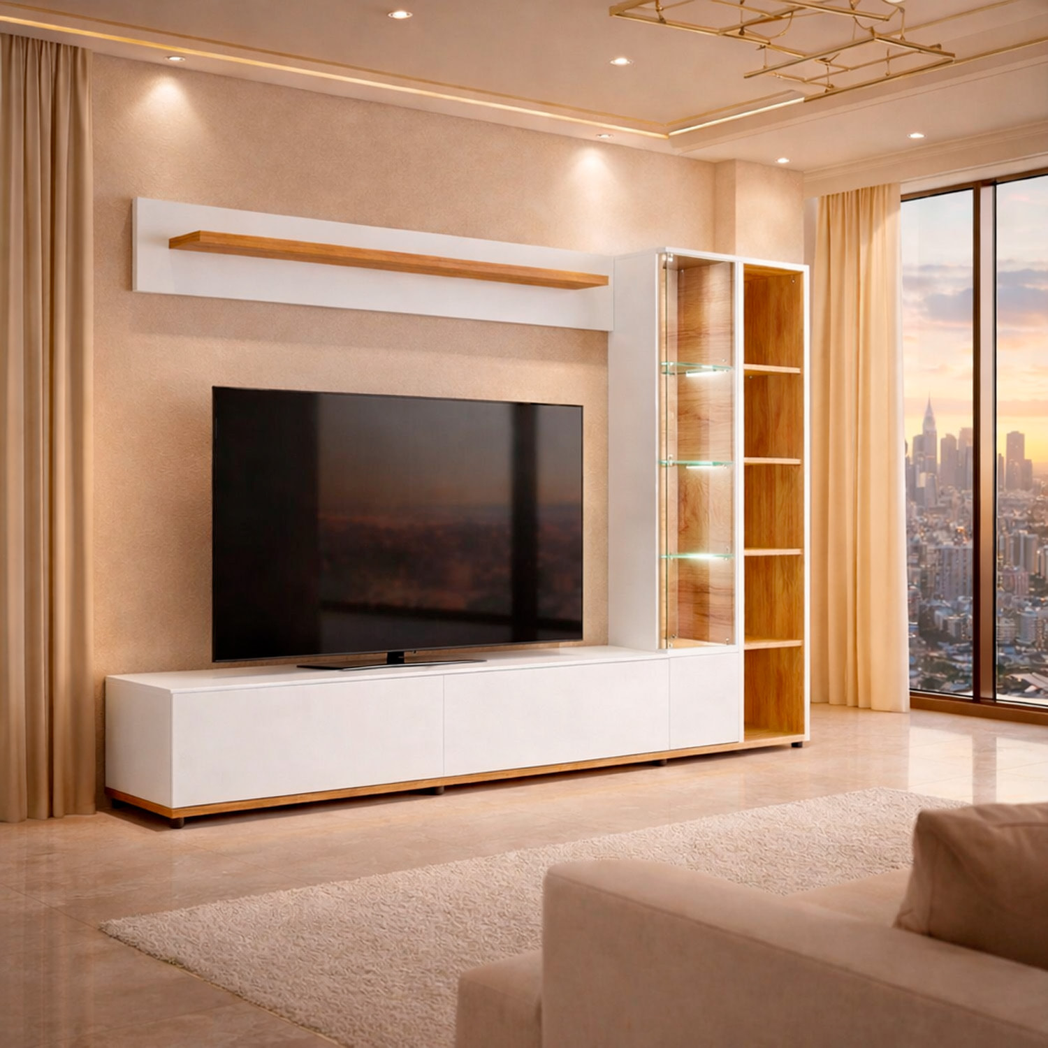 Parete Attrezzata Mobile TV Vetrina LED Living Mensola Vani Multifunzione Design Contemporaneo Arredo Casa 240 x 40 x 145 Cm Bianco Rovere E Scuro