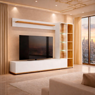 Parete Attrezzata Mobile TV Vetrina LED Living Mensola Vani Multifunzione Design Contemporaneo Arredo Casa 240 x 40 x 145 Cm Bianco Rovere E Scuro