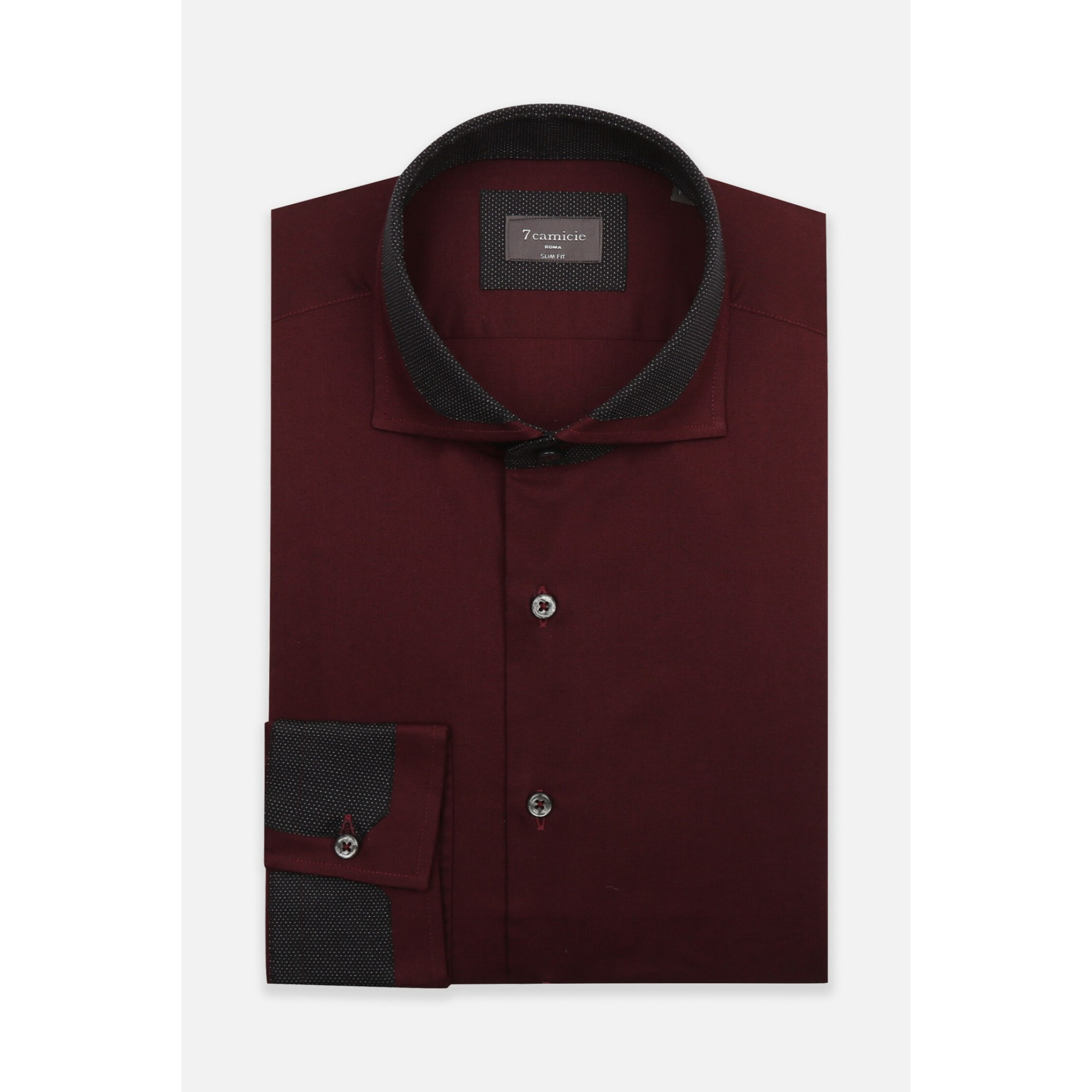 Camicia Uomo 1 Bottone Francese Contrasto sul Collo Popeline Stretch Unito Bordeaux