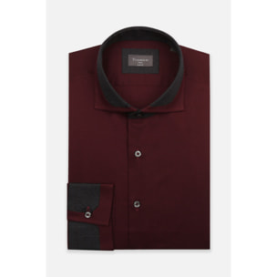Camicia Uomo 1 Bottone Francese Contrasto sul Collo Popeline Stretch Unito Bordeaux