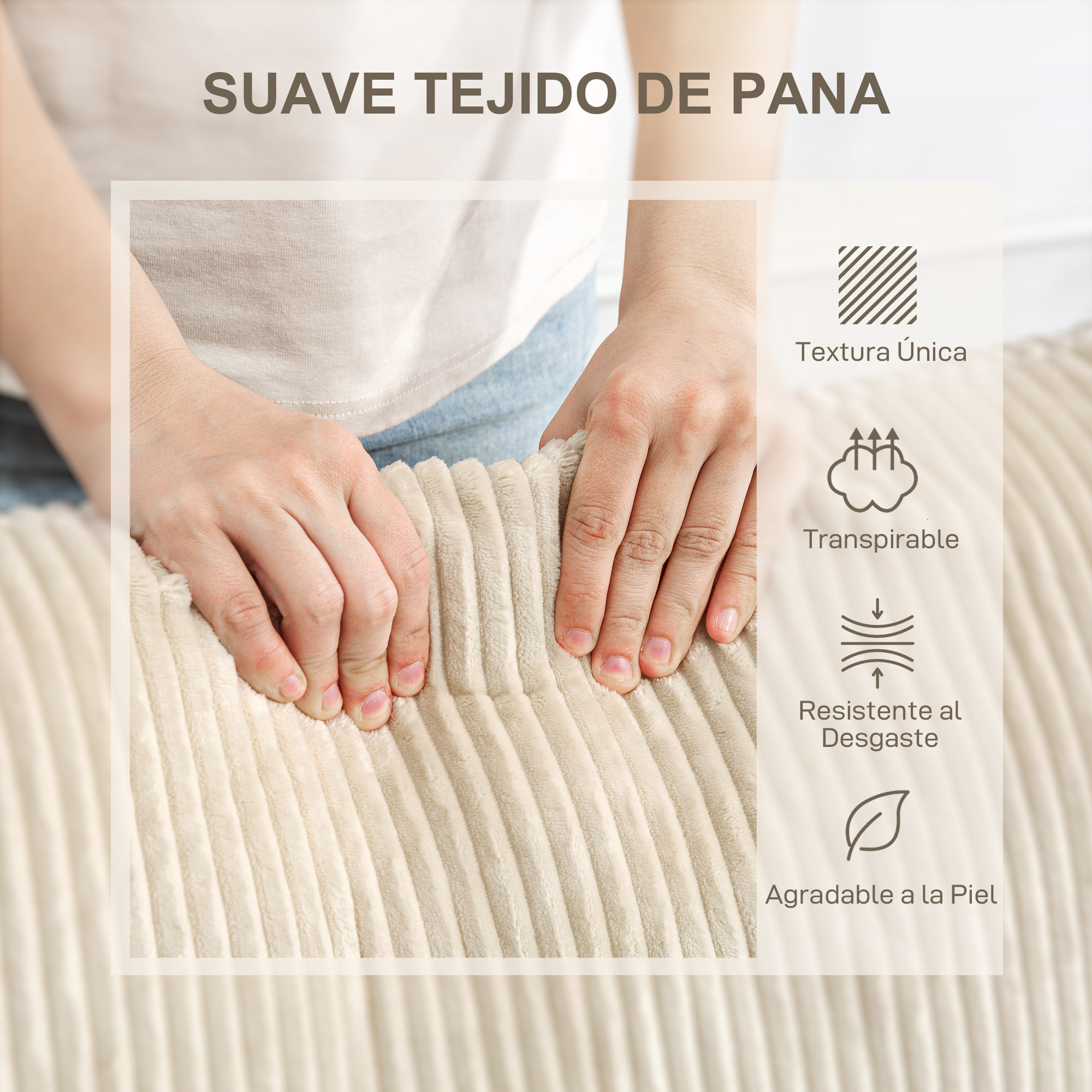 Sofá de 3 Plazas Sofá de Salón 212x80x88 cm Tapizado en Pana con 2 Almohadas Reposabrazos y Cojín de Muelles Diseño Moderno para Sala de Estar Dormitorio Crema