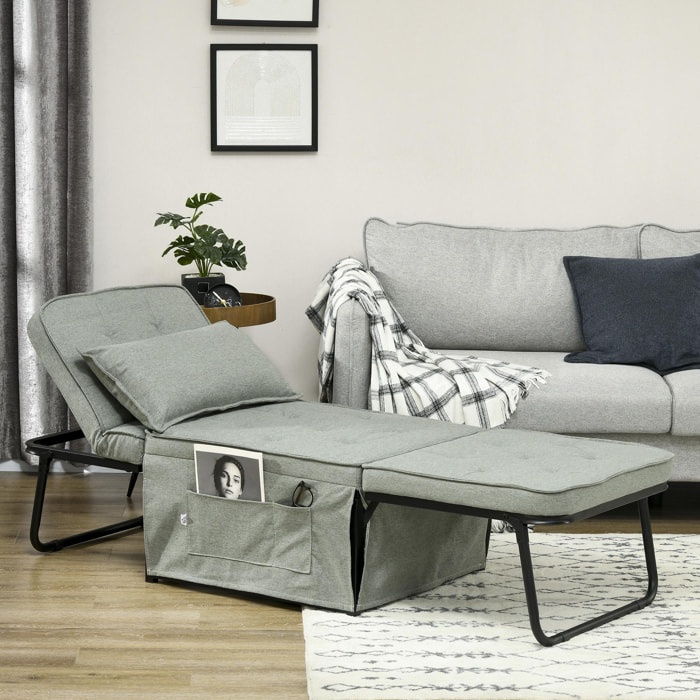 Fauteuil chaise longue lit pouf 4 en 1 dossier inclinable 5 niveaux repose-pied rabattable châssis acier noir tissu gris
